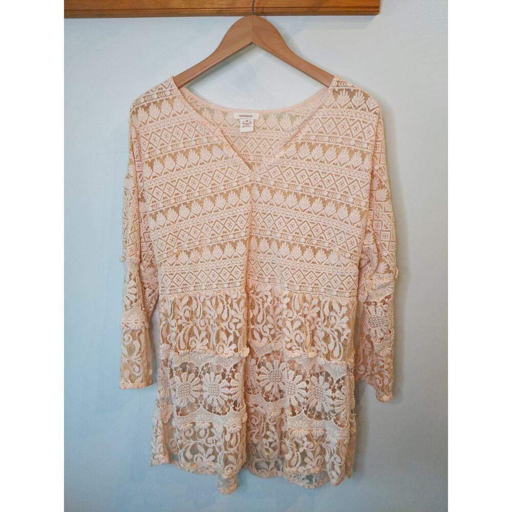Sundance Cream Lace Crochet Top Split Neck 3/4 Sleeve Boho Sheer Medium